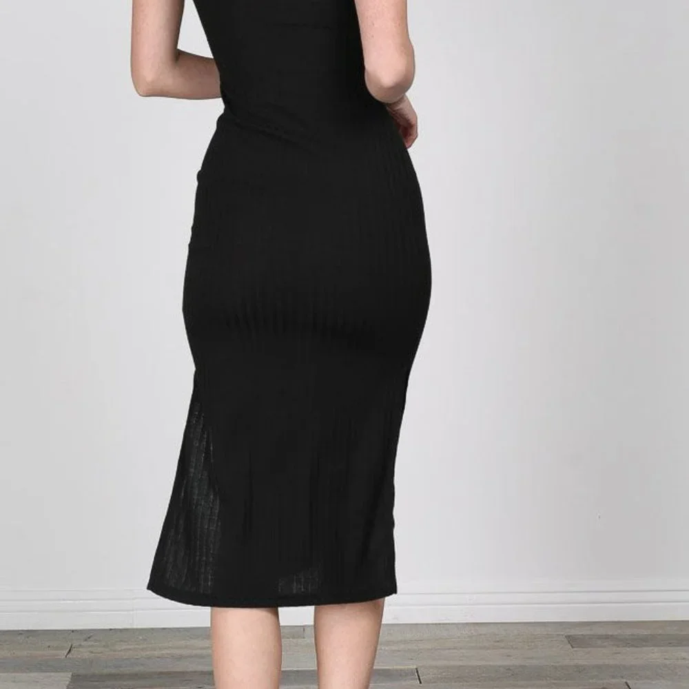Black Rib Knit Dress With Side Slit - Picture 3 of 3